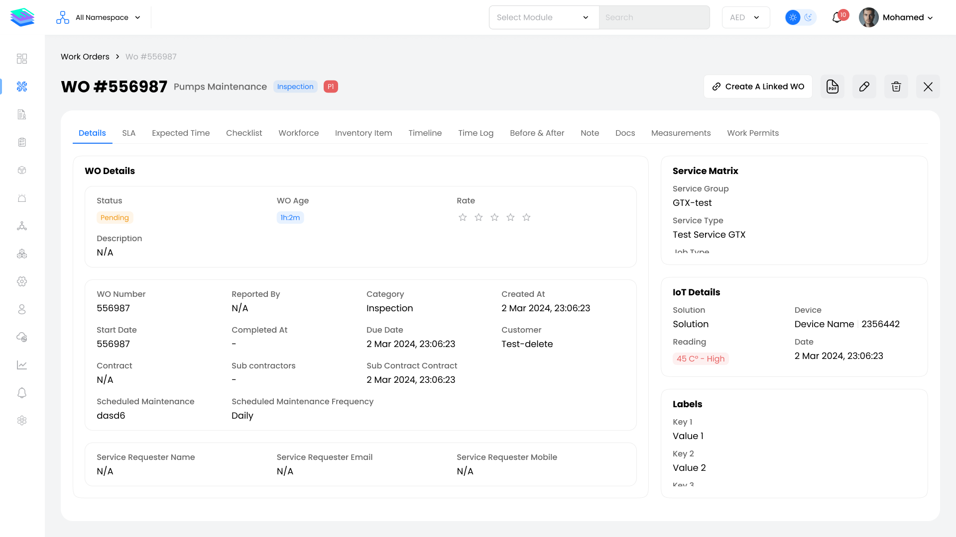 Work Order Profile Page